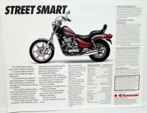 1992 Kawasaki Vulcan 500 Motorcycle Sales Brochure Data Sheet EN500-A3 Specs - Picture 2 of 2