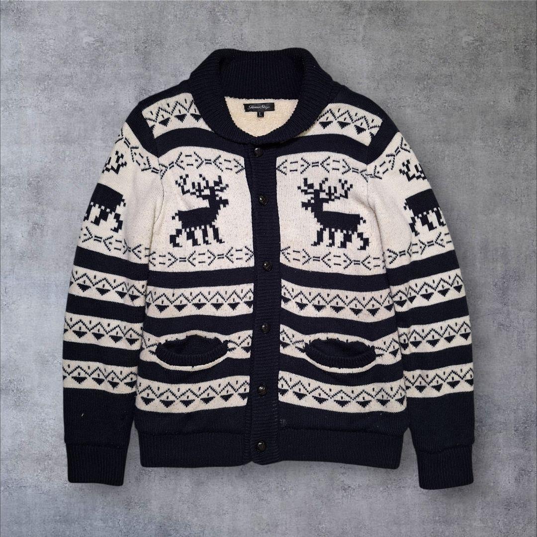 〜00's Sweat Cardigan 00'S Vintage Knit Cardigan Cowichan Seeer L White Navy Blue