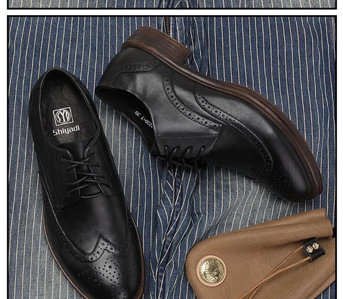 Retro British Men Lace Up Real Leather Carved Brogue Wing Tip Formal Dress Shoes - Picture 12 of 21