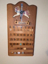 VTG Perpetual Wood Calendar, hand painted Carousel Horse, with holiday tiles