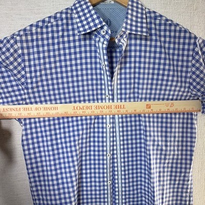Bugatchi Men's Shaped Fit Blue/White Check SS Cotton Button Shirt