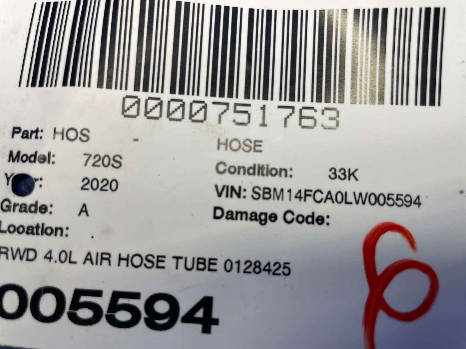 2018 2019 2020 2021 2022 2023 MCLAREN 720S OEM RWD 4.0L AIR HOSE TUBE 01284256