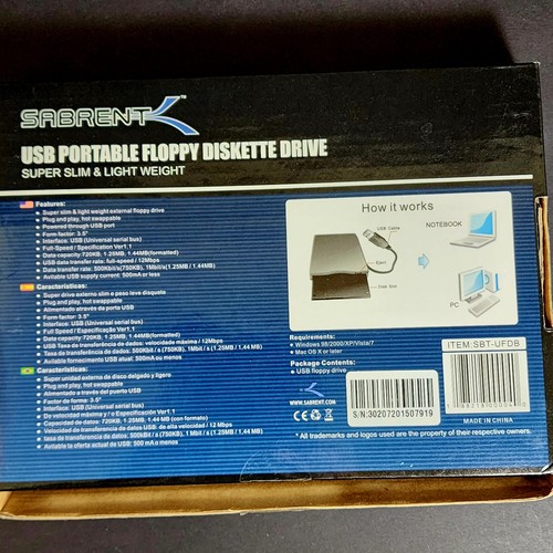 Sabrent USB Floppy Disk Drive External Factory Sealed SBT-UFDB (S603) Plug 3.5" - 第 4/4 張圖片