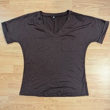Women's Brown V-Neck Pocket T-Shirt Short Cuff Sleeve Stretch Top Size L