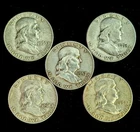 Benjamin Franklin Silver Half Dollars LOT OF 5 - 90% Silver No Reserve! 🪙