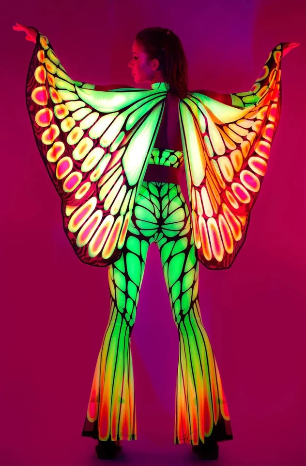 Badinka Rave Cosplay Mariposa Malla Neón Prendas para el torso Pantalones y Alas Conjunto Para Mujer’s Grande Foto 2 de 4