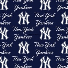 BTY MLB New York Yankees Logo Blue Cotton Fabric By The Yard Major League