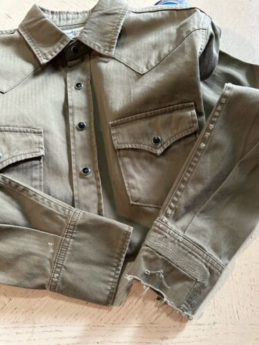 $920 Saint Laurent distressed western shirt in khaki stonewashed denim Size M - Picture 2 of 11