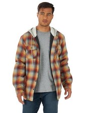 Wrangler Mens Quilted Lined Flannel Shirt Jacket w/ Hood  Red/Yellow  Large