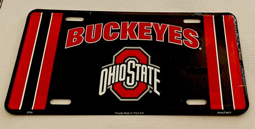 Ohio State Buckeyes Embossed Metal Aluminum License Plate Black/Red New - Picture 2 of 3
