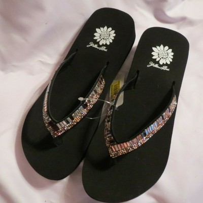 purple yellow box flip flops