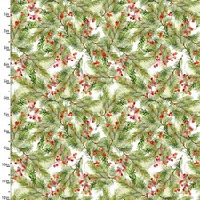 Fabric Editions Christmas Santa's Helpers Pine Holly Branch White YARD