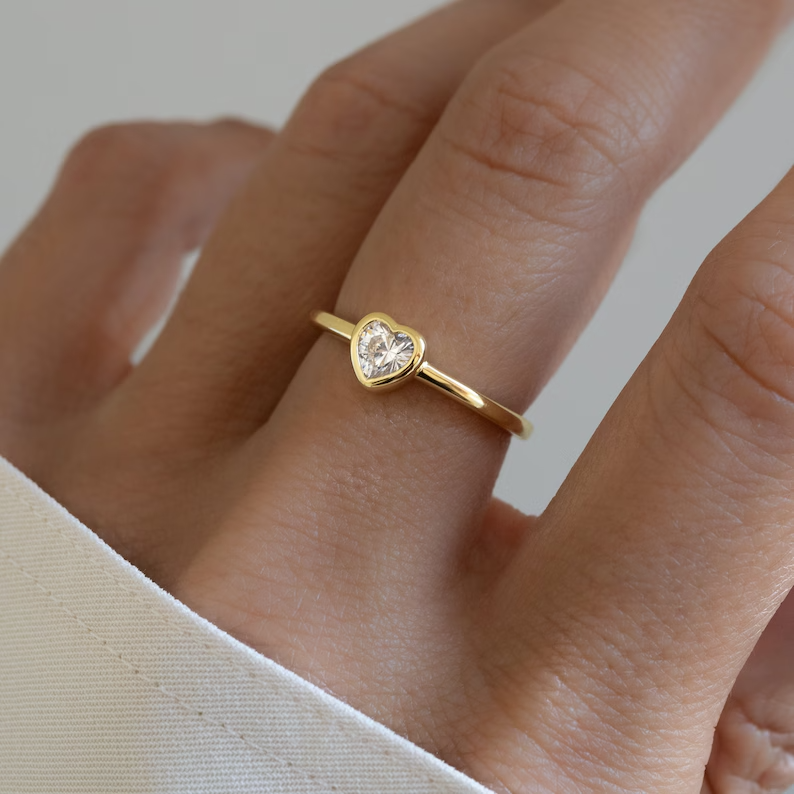 1CT Heart Cut Lab Grown Diamond Bezel Set Engagement Ring 14k Yellow Gold