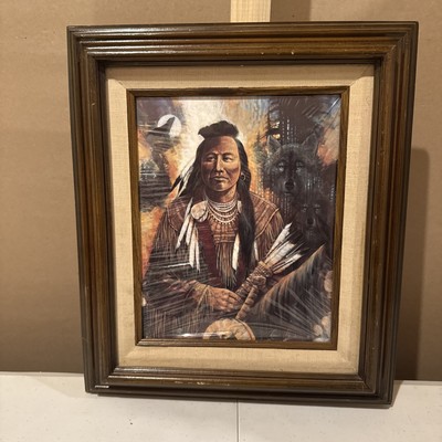 Ruane Manning American Indian Chief Picture 9'' x 11'' Vintage - Double Framed