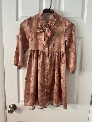 Lassie & Laddie Beige Brown Map Print A-Line Collared Bow Button Dress 125cm/5Y