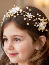 Pearl Flower Girl Headpiece Gold Wedding Rhinestone Leaf Headband Hair