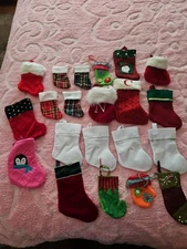 Lot Of 21 Mini Christmas Stockings Fabric Tree Ornaments Mix Of Sizes And Colors