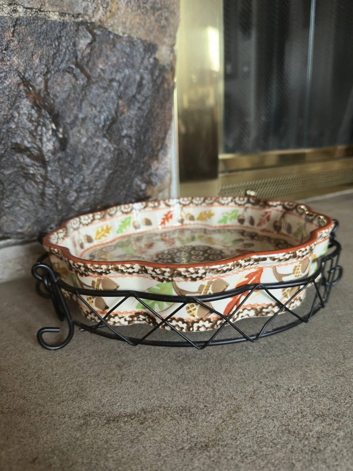 Temptations Old World Fall Leaves Pie Quiche Baking Dish W/ Metal Holder!