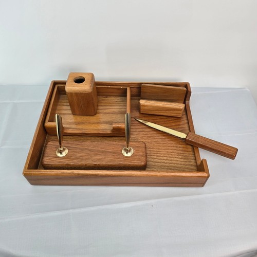 Vintage Solid Oak Wood Desk Organizer Set 6 Piece Executive Office Accessories