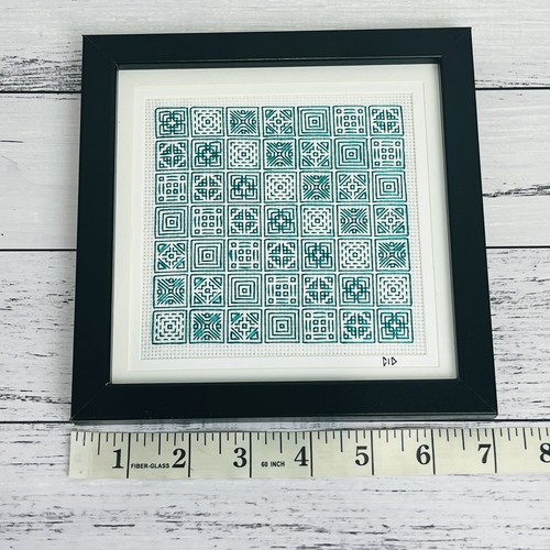 Cidstitches Geometric Squares Back Stitch Finished Wood Frame 7" Wall Desk Art - Picture 6 of 7