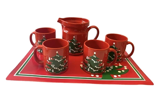 VTG WAECHTERSBACH Christmas Tree Holiday Red Green Pitcher And Mugs 5 Piece Set
