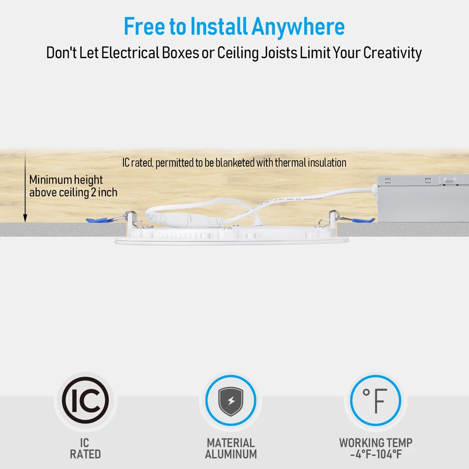 Paquete de 12 accesorios de iluminación de techo empotrados regulables ultrafinos de 6 pulgadas, con J-Box Foto 2 de 4