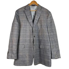 Jos. A. Bank Tailored Fit 100 Linen Blue Gray Plaid Blazer Sport Coat 46 Long