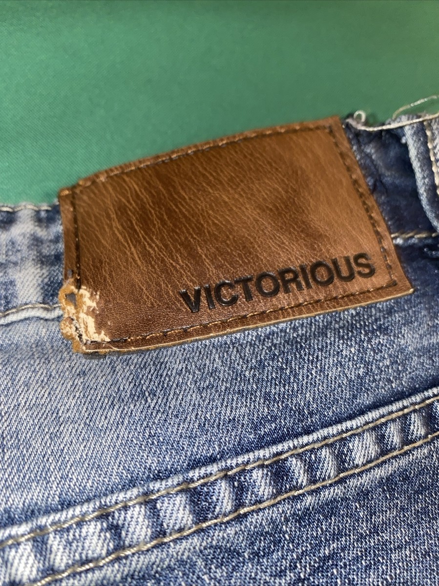 Victorious Men's Ripped Distressed Savage Tiger Washed Denim