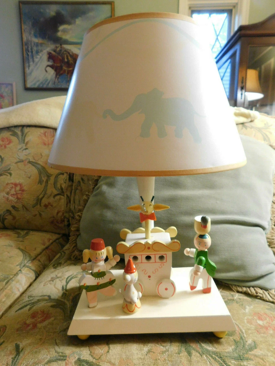 Vtg Circus Boy Girl Wooden Lamp w Shade Music Box Night Light Nursery Originals
