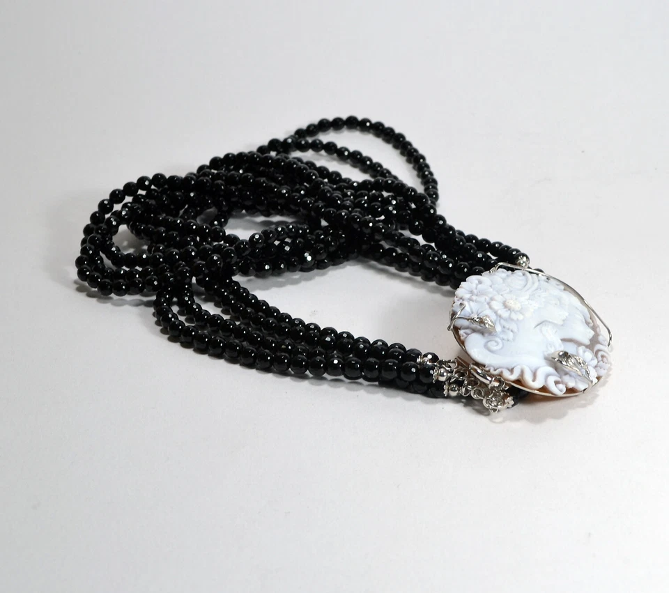 Collar Plata 925 Rodiado Camafeo Sardónico 70MM Ónix 5 Cables -agln 0232 - Imagen 2 de 3