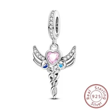 MULA 925 Sterling Silver DIY Charm Pink CZ Enamel Angel Sword For Women Bracelet