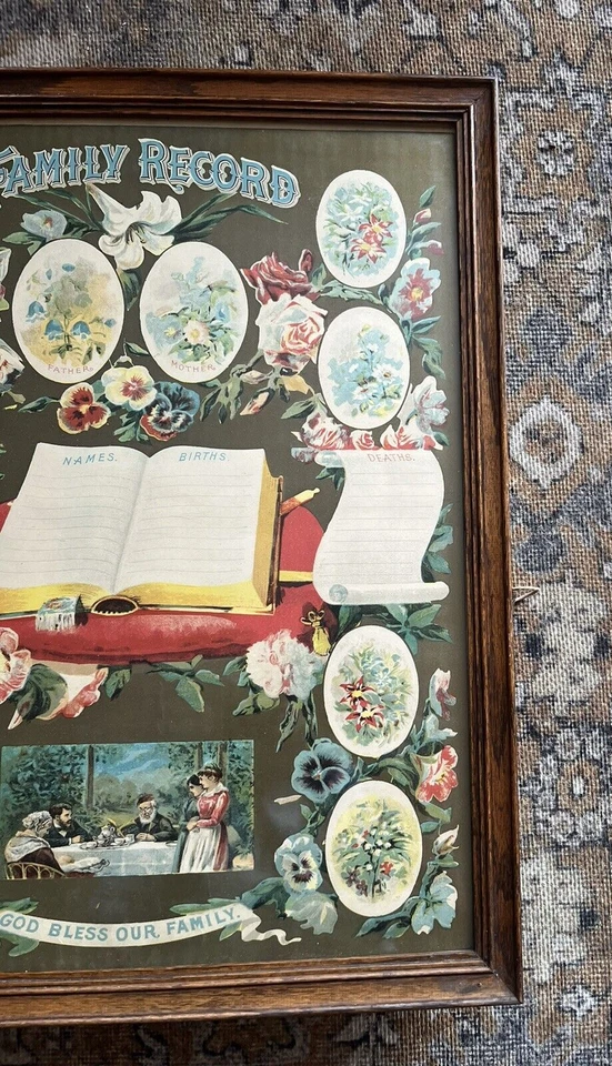 Antiguo colgante de pared de registro familiar victoriano enmarcado - matrimonios, nacimientos, muerte Foto 2 de 4