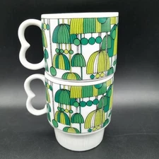 1970s Stylecraft Mod Green Mushroom Stacking Mug Pair Handcrafted In Japan
