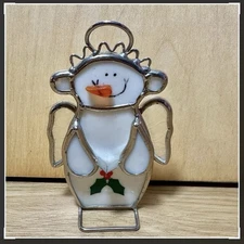 VTG Stained Glass Caroling Snowman Angel Tree Ornament Standing Christmas Decor