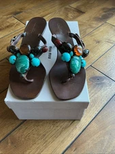 MIU MIU Runway Bufalo Jeweled Stone Thong Sandals Wood Kitten Heel 36 Vintage