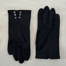 Vintage 1950s Black Fabric Dress Gloves Shell Pearl Button Cuffs