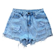 SHEIN Women Light Wash Distressed Denim Shorts High Waisted Frayed Hem Size S