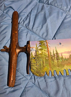 Vintage Original Hand Saw Wooden Handle Hand Painted Mountain Blade 522