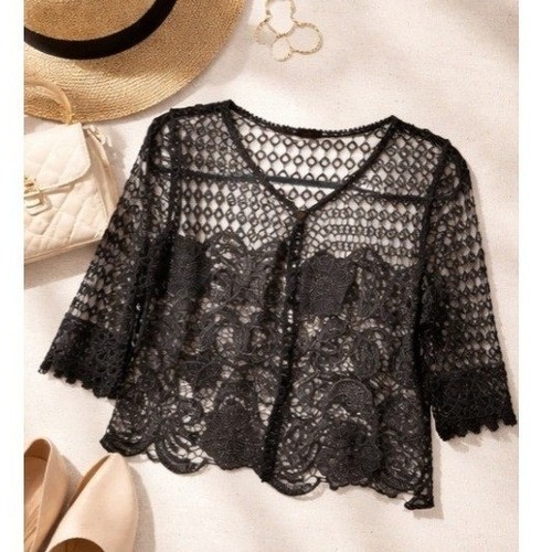 Black Crochet Lace Kimono Cardigan Sheer Boho Floral Open Front Top Lightweight - Afbeelding 2 van 13