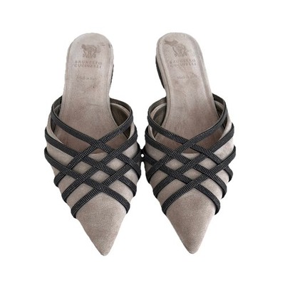 Brunello Cucinelli Monili Cage Suede Ballerina Mules 37.5  $1495 EUC