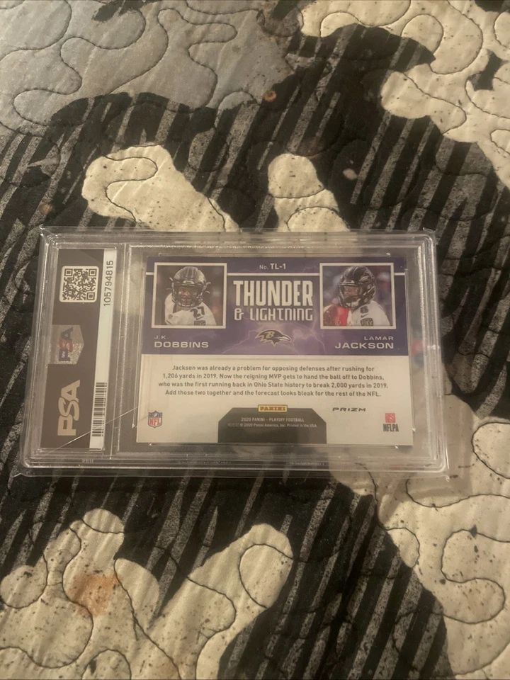 2020 POP 2👈PANINI🏈LAMAR JACKSON/JK DOBBINS#TL1 THUNDER & LIGHTNG SILVER👈PSA 9 - Image 3 of 3