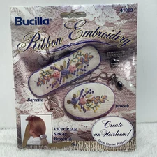 New Vintage Bucilla Floral Ribbon Embroidery Kit Barrette Brooch Victorian Spray