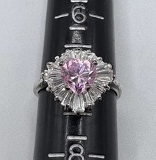 Vtg Sterling Silver Pink CZ Heart Clear CZ Baguette Halo Ring Size 7