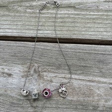 Child  s Necklace Mouse Ear Pink princess Pink Stone Heart OnSilver Tone Chain