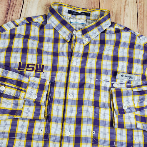 Columbia PFG Super Tamiami Vented Fishing Shirt Mens Large Purple Gold LSU