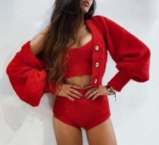 For Love  Lemons Fiona Cropped Fuzzy Sweater Cardigan NWOT Red Puff Sleeves