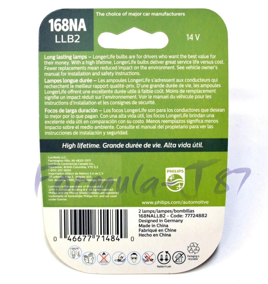 Philips LongerLife 168NA 5W Dos Bombillas Luz Marcadora Lateral Frontal Repuesto DOT Foto 2 de 4