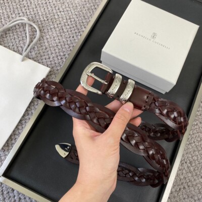BRUNELLO /CUCINELLI Brown Woven Leather Belt Silvery Buckle New | eBay