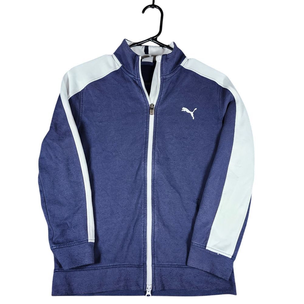 PUMA Classic Navy Blue Track Jacket w White Stripes Full Zip Athletic Sportswear