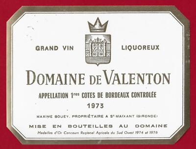 75/52 Etiquette Label PREMIÈRES CÔTES DE BORDEAUX 1973 DOMAINE DE VALENTON BOUEY